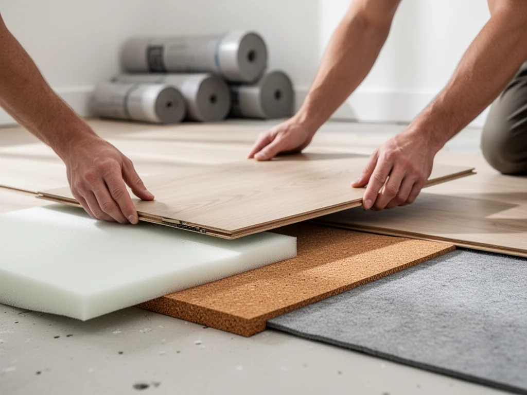 Ręce układają panel laminowany na różnych podkładach podłogowych, ilustrując wybór odpowiedniego podkładu.
