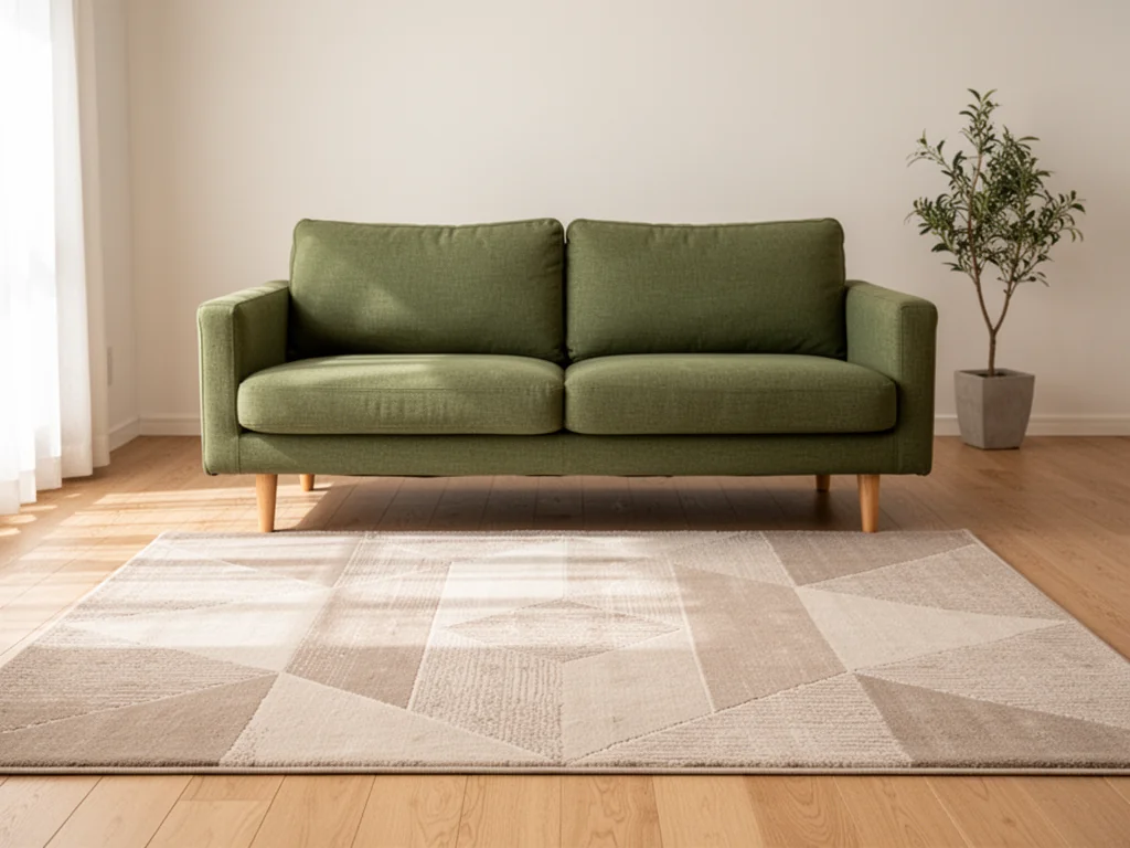 Zielona sofa na tle jasnej ściany, przed nią duży beżowo‑kremowy dywan z subtelnym geometrycznym wzorem w stylu skandynawskim.