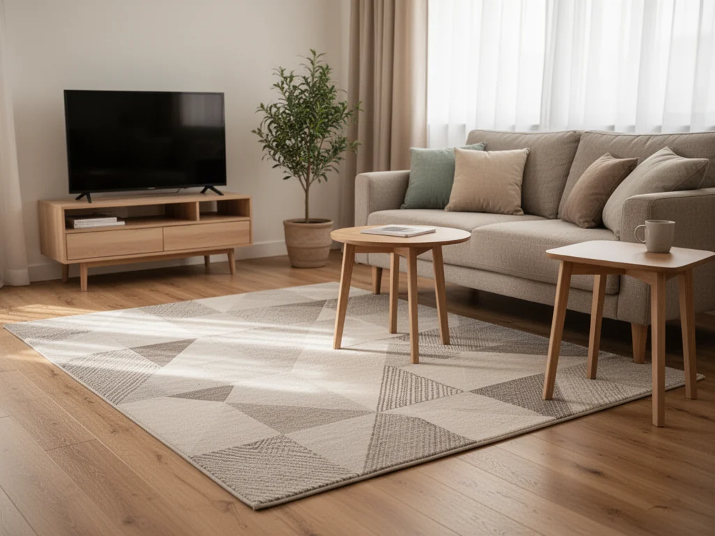 Przytulny salon z nowoczesnym dywanem w neutralny geometryczny wzór, dopasowanym kolorystycznie do minimalistycznego wystroju.