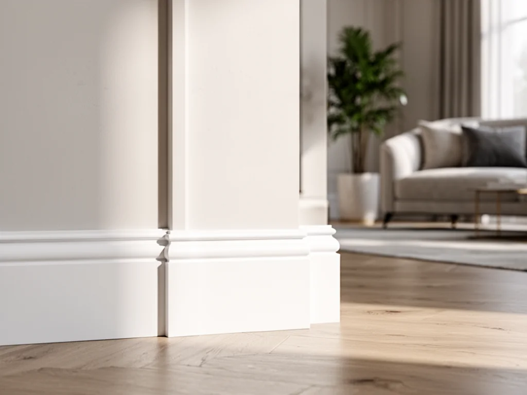 Jasny salon z wysokimi białymi listwami przypodłogowymi, podkreślającymi elegancki, minimalistyczny wystrój premium.