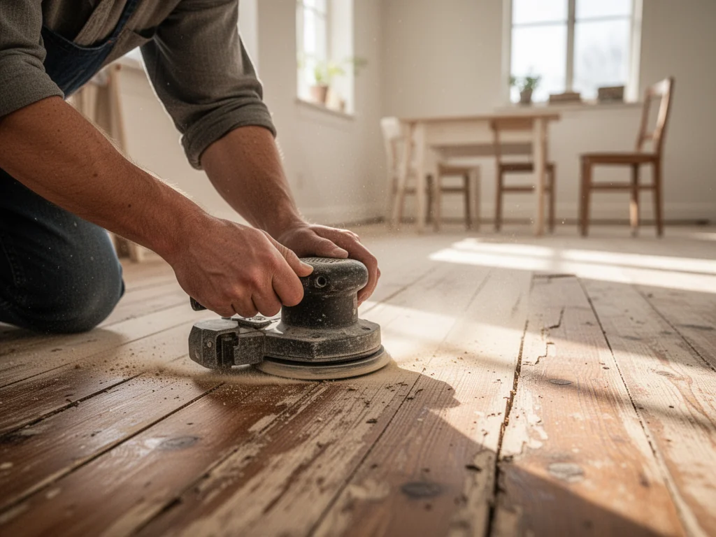 Szlifowanie starej drewnianej podłogi ręczną szlifierką, pył drzewny i przytulna, jasna przestrzeń DIY w tle.