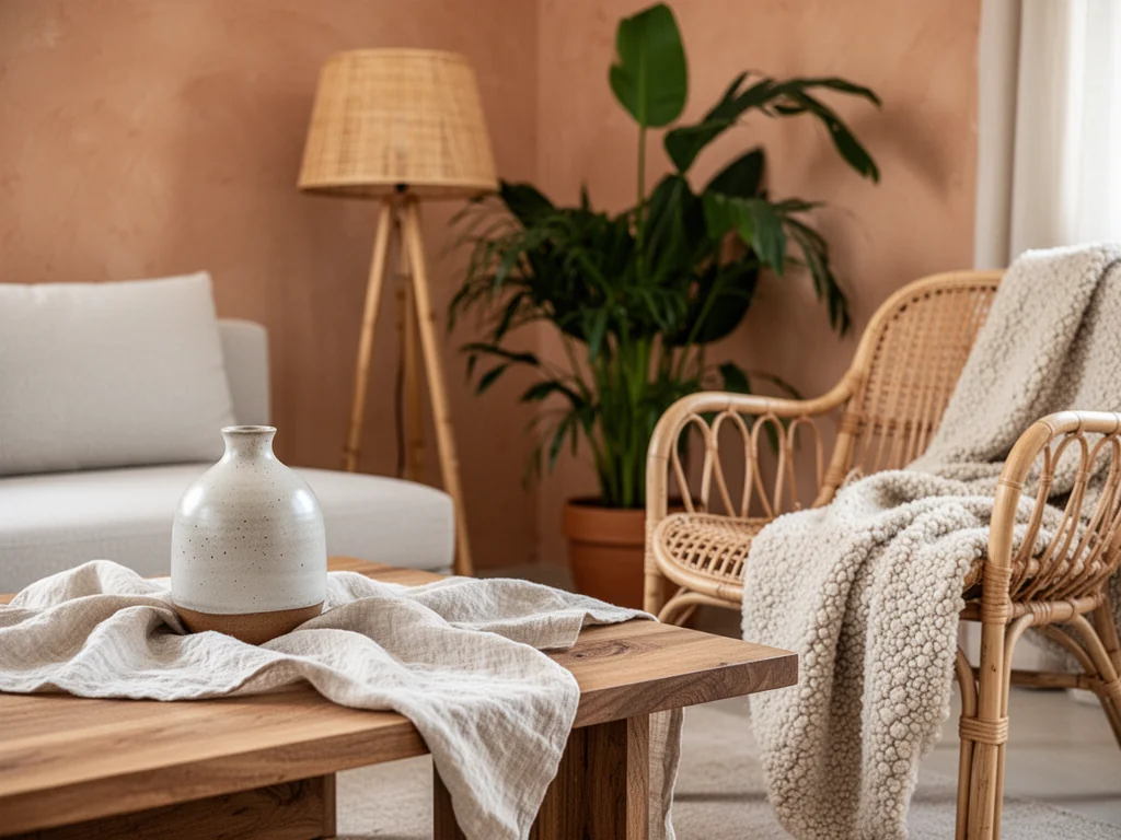 Przytulny kąt salonu z drewnem, lnem, rattanem i wełną, ukazujący modne naturalne materiały w stonowanych barwach.